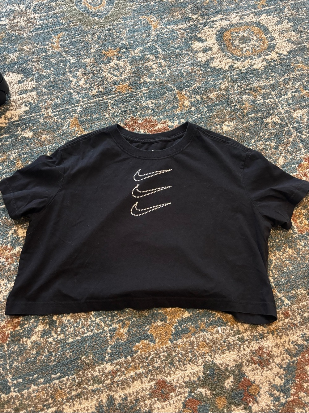Nike Black Cropped Tee with Triple Rhinestone Swooshes
